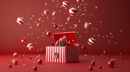 The 3D render shows Christmas ornaments and sweets falling from an open gift box, isolated on a red background. During the holiday season.