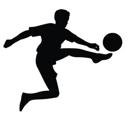Isolated boy black silhouette of a junior football player jumping over the field hitting the ball