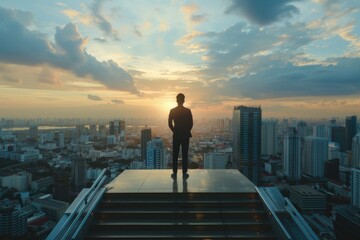 Success person on stairs overlooking cityscape. Business concept.