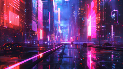 Fototapeta na wymiar Futuristic city with city lights and neon lights ,Retro-Futuristic Techno Circuitry background. Immerse yourself in the vivid glow of Magenta lines intricately weaving across a sleek 