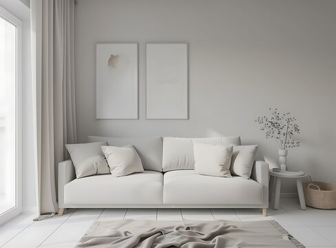 3D rendering of a modern living room interior with a sofa and pictures on the wall, in the style of a mock up
