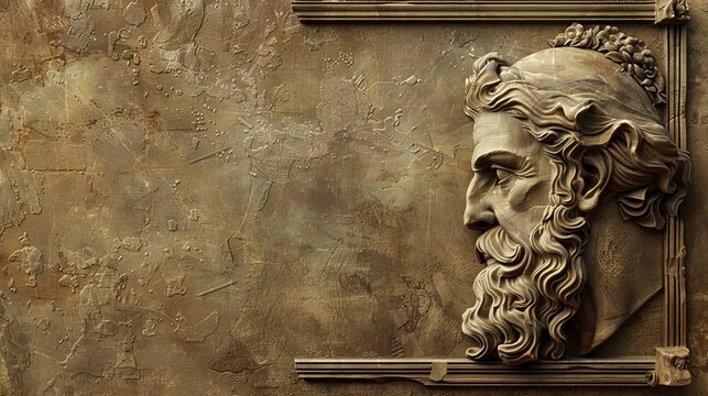 an ancient greek philosopher, carved in the wall, copy space, for philosophy quotes