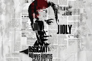 A striking collage portrait, pieced together from newspaper snippets and splashes of red paint, conveys a strong message about media and identity.Newpaper Collage Effect background