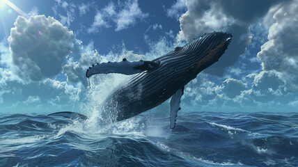 Magnificent humpback whale breaching in the open ocean.