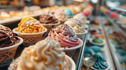 Display case with ice cream in cups of various flavors