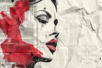 A striking collage portrait, pieced together from newspaper snippets and splashes of red paint, conveys a strong message about media and identity.Newpaper Collage Effect background