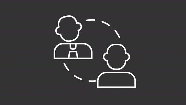 B2C model white line animation. Digital commerce animated icon. Shaking head. Social network interaction. Isolated illustration on dark background. Transition alpha video. Motion graphic