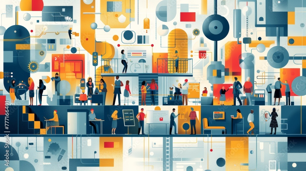 Poster a large group of people standing around in a room with lots of different objects, ai