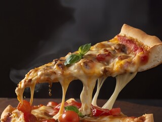 Pizza with mozzarella cheese, tomatoes and basil on black background - 777166408