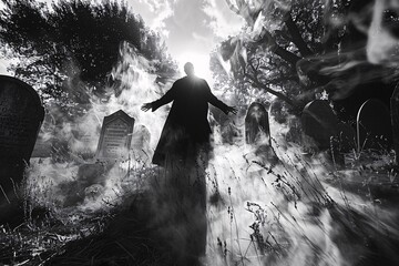The Darkened Path A Silhouette of a Figure Walking Through a Foggy Cemetery Generative AI