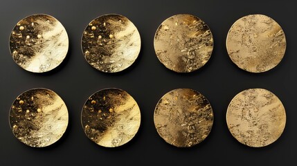 The 3D render shows a set of round stickers with golden foil textures isolated on a black background