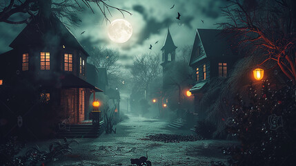 3D illustration of a Halloween concept background of realistic horror house and creepy street with moonlight - obrazy, fototapety, plakaty