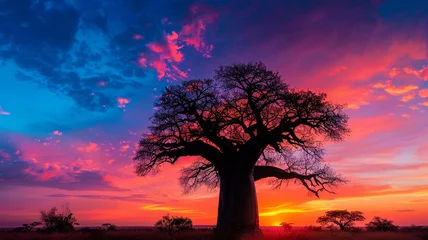 Selbstklebende Fototapeten Majestic baobab tree silhouetted against a vibrant sunset sky. © CREATER CENTER