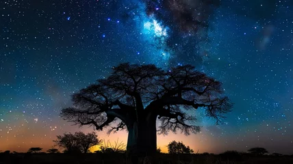 Rolgordijnen Majestic baobab tree silhouetted against a starry night sky. © CREATER CENTER