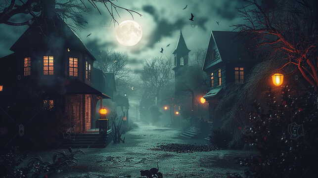 3D illustration of a Halloween concept background of realistic horror house and creepy street with moonlight