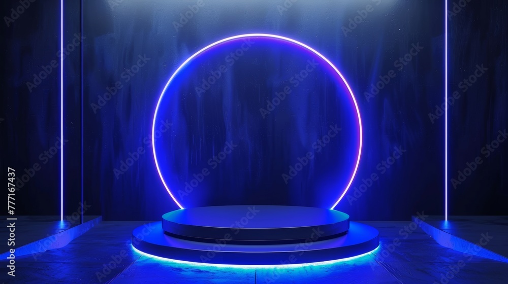 Poster abstract geometric background with cylinder podium illuminated with blue neon light. minimalist show