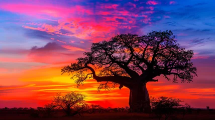 Zelfklevend Fotobehang Majestic baobab tree silhouetted against a vibrant sunset sky. © CREATER CENTER