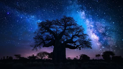 Gordijnen Majestic baobab tree silhouetted against a starry night sky. © CREATER CENTER