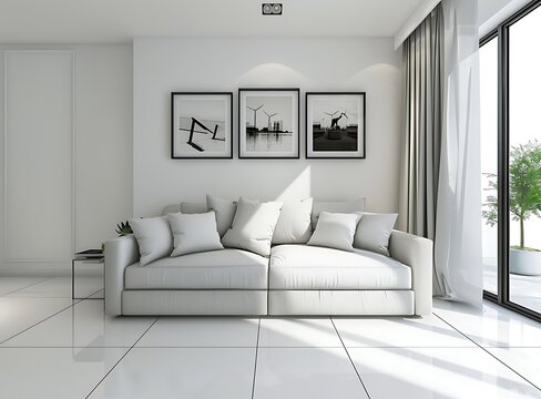 3D rendering of a modern living room interior with a sofa and pictures on the wall, in the style of a mock up