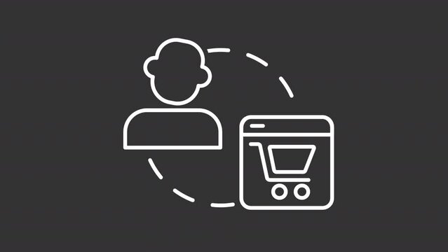 Ecommerce user white line animation. Virtual shopping animated icon. Shaking head, rolling wheels. Internet retail. Isolated illustration on dark background. Transition alpha video. Motion graphic