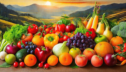 Top view different fresh fruits and vegetables organic on table top, Colorful various fresh vegetables for eating healthy and dieting - obrazy, fototapety, plakaty