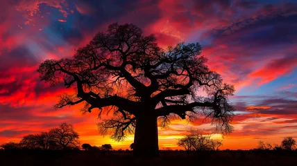 Fotobehang Majestic baobab tree silhouetted against a vibrant sunset sky. © CREATER CENTER