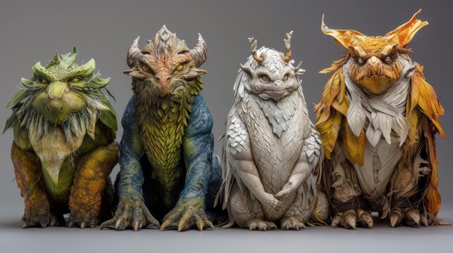 A group of four different looking animals sitting next to each other, AI