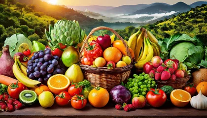 Deurstickers Top view different fresh fruits and vegetables organic on table top, Colorful various fresh vegetables for eating healthy and dieting © netsay