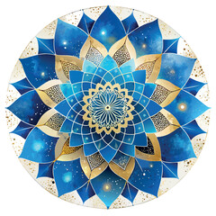 A blue and gold mandala with a white background