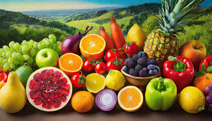 Top view different fresh fruits and vegetables organic on table top, Colorful various fresh vegetables for eating healthy and dieting - obrazy, fototapety, plakaty