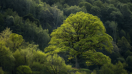 Majestic beech tree standing amidst a vibrant spring forest. - obrazy, fototapety, plakaty
