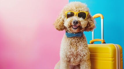 Happy poodle dog going on vacations next toa yellow suitcase and wearing sunglasses on pink and blue background