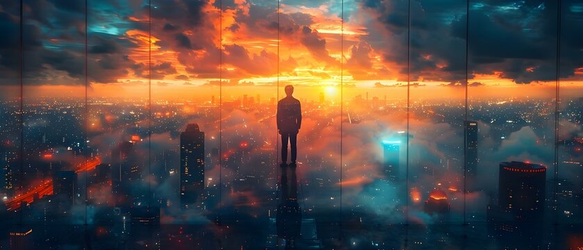 Man in front of city symbolizing digital transformation and collaborative innovation. Concept Digital Transformation, Collaborative Innovation, Man in Cityscape, Technology, Business Transformation