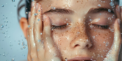 Close-up of a woman's face with splashes and drops of water frozen in motion around her