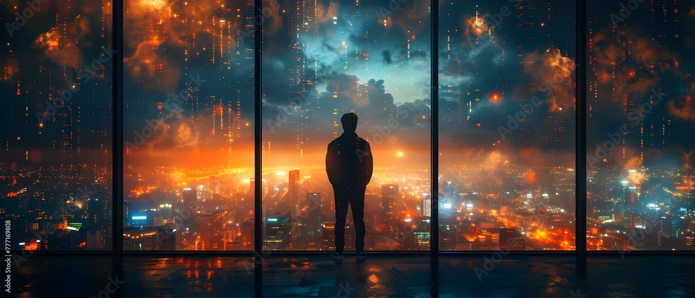 Poster digital transformation and collaborative innovation represented by a man in front of a city. concept