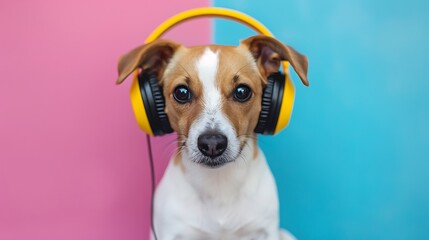 portrait of beautiful small jack russell dog wearing modern yellow headset on pink and blue...