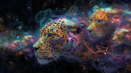 A group of leopards are surrounded by colorful swirls in the air, AI