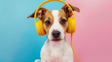 portrait of beautiful small jack russell dog wearing modern yellow headset on pink and blue...