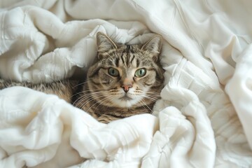 view from above, cute cat laying in bed under white blanket, cozy bedroom, playful and happy atmosphere
