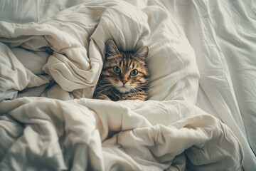 view from above, cute cat laying in bed under white blanket, cozy bedroom, playful and happy atmosphere
