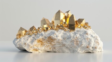 In this 3D rendering, golden crystals grow on white rock, chalked rock, and esoteric nuggets on a white background.