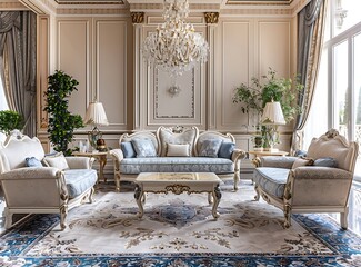 Beautiful living room of a luxury villa with a classic interior design, decorated in beige and blue tones