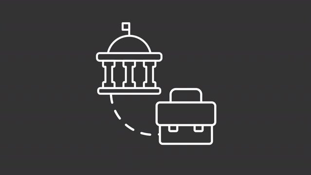 G2B commerce white line animation. Government to business animated icon. Rotating flag, circling dotted line. Isolated illustration on dark background. Transition alpha video. Motion graphic