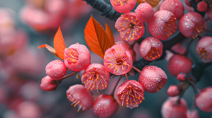 A photo of plump cherries, with vibrant pink blossoms as the background, during a springtime fruit bloom - obrazy, fototapety, plakaty
