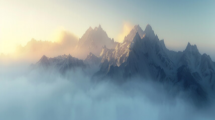 Majestic mountain range rising above a dense fog, creating an ethereal atmosphere. - obrazy, fototapety, plakaty