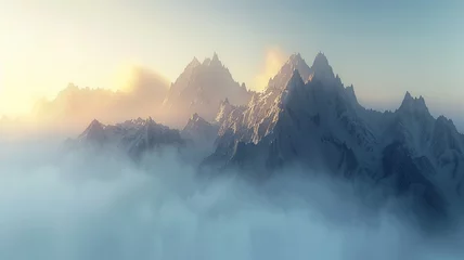 Zelfklevend Fotobehang Mistige ochtendstond Majestic mountain range rising above a dense fog, creating an ethereal atmosphere.