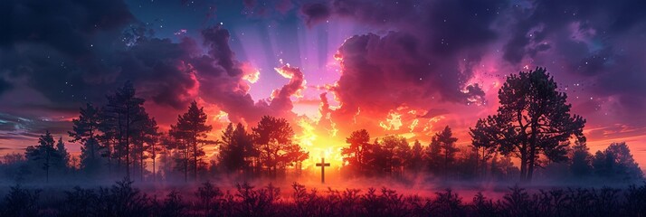 Fototapeta na wymiar Radiant Sunset A Cross Silhouetted in the Sky Amidst a Field of Flowers Generative AI
