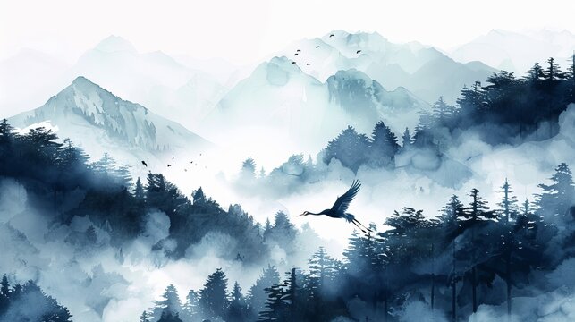 Watercolor landscape with foggy mountains, pine trees, and flying cranes. Traditional Chinese nature scene.