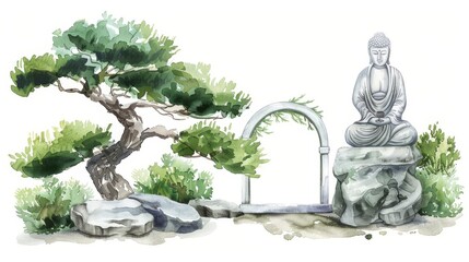 Isolated on white background, watercolor illustration of zen garden with Buddha statue, green trees and round stone gate arch. Clementine landscape with green trees and round stone gate arch.