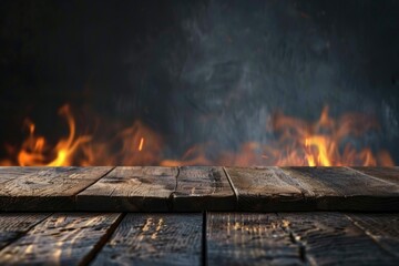 Old wood table with flame effect on dark background.